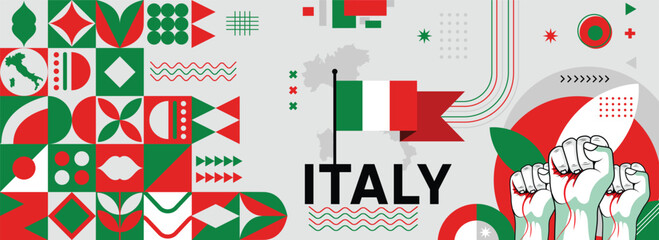 Italy national or independence day banner for celebration. Flag and map of Italy with raised fists. Modern retro design with typorgaphy abstract geometric icons. Vector illustration