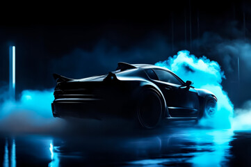 The drift of a sports car. Dark background with blue smoke. AI