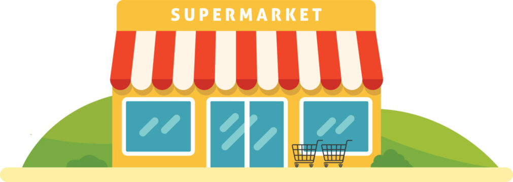 Supermarket vector illustration in flat style.Shopping cart trolley standing Store.Storefront with nature scene