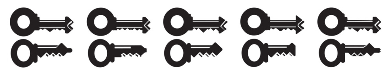 Key black icons set. House key black silhouette collection. Simple old key sign