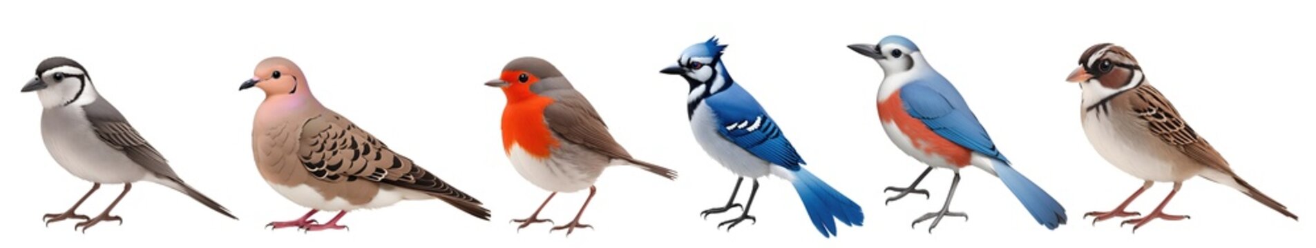 Set of various beautiful birds wagtail, mourning dove, robin, blue jay, sparrow isolated on transparent background. Generative AI