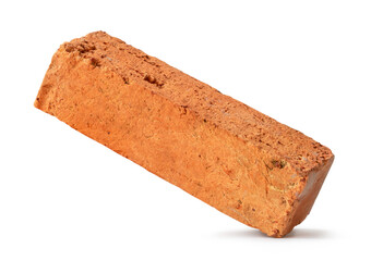 Single cracked old red or orange brick isolated on white background with clipping path. Overlay