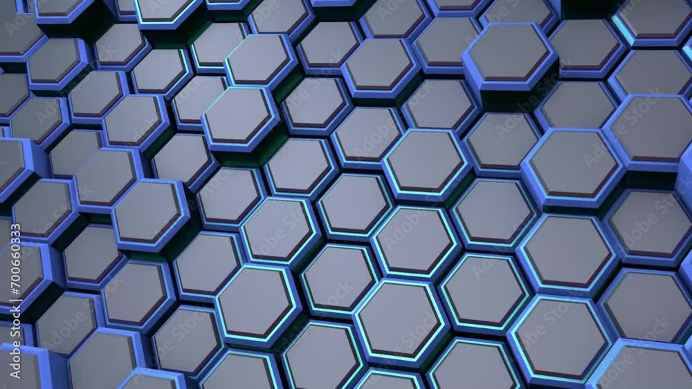 Poster dynamic blue background of volumetric hexagons. rendering animation.