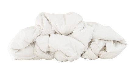 White crumpled blanket or bedclothes in hotel room leaved untidy and dirty after guest's use over...