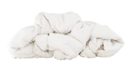 White crumpled blanket or bedclothes in hotel room leaved untidy and dirty after guest's use over night isolated with clipping path in png file format