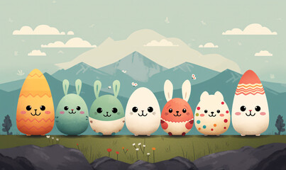 Obraz premium A group of funny Easter eggs are waiting for the arrival of Easter. Happy Easter.