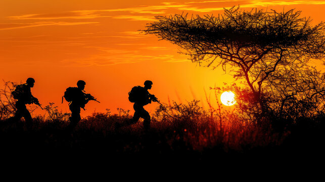 A suluette of military soldiers on a mission against a background of the walking sun outdoors