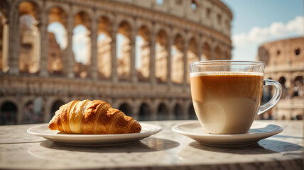 closeup of cappuccino and croissant on the table with blurred coliseum background in rome