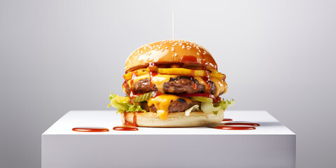 Double Cheeseburger on a white stage, covered tomato sauce