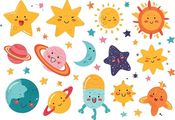 Space, stars, planets vector illustration set