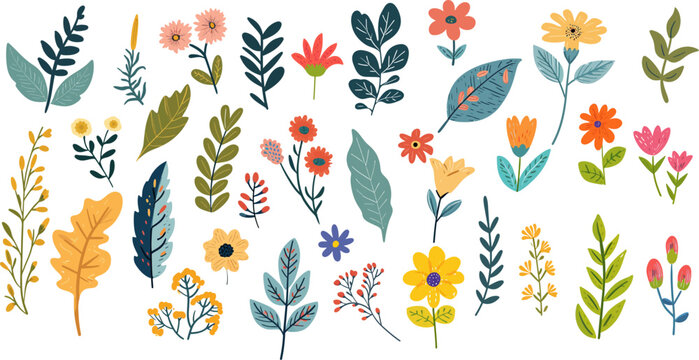 Vector illustration set of flowers and leaves