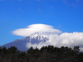 富士山、富士、世界文化遺産、冬、アップ、クローズアップ、青、ブルー、山、日本、静岡、静岡県、冠雪、雪、登山、風景、青空、自然、晴れ、空、世界遺産、雪山、快晴、青色、観光、観光地、晴天、名所、景色、雪景色、屋外、観光名所、御殿場市、御殿場、山頂、コピースペース、笠雲、雲、にかい笠
