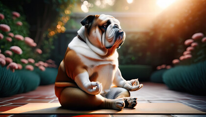 Bulldog practicing yoga lesson. Yogi Bulldog english meditating in the garden. Well being, wellness concept.  - obrazy, fototapety, plakaty