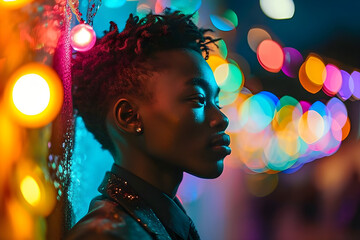 A black or African American AI queer, gay, or non-binary person with a rainbow background at the high school prom, - obrazy, fototapety, plakaty