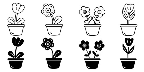 flowers in pots. Vector collection of flower icon illustrations. Black icon design.