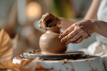 close up hands of a young woman potter modeling ceramic pot from clay on a potter wheel at a modern house. Lifestyle concept of workshop and culture. - obrazy, fototapety, plakaty