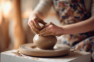 Fototapeta na wymiar close up hands of a young woman potter modeling ceramic pot from clay on a potter wheel at a modern house. Lifestyle concept of workshop and culture.