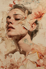 Creative collage of different photos with paint masks, art portrait of a woman