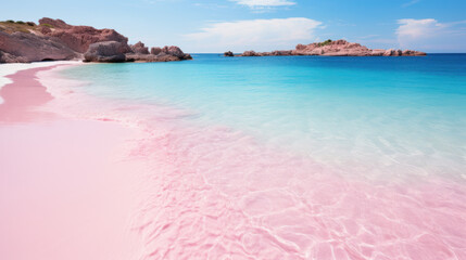 Beach with pink sand, clear calm weather, daylight