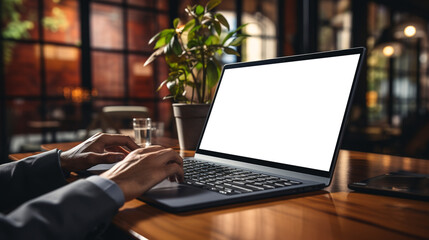 A blank screen laptop mockup on a wooden table in a modern office environment.