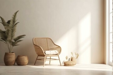 Mockup of empty wall in cozy room with wicker armchair, palm plant, boho decor, and free space. Generative AI