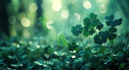 green background with some clover leaves - obrazy, fototapety, plakaty