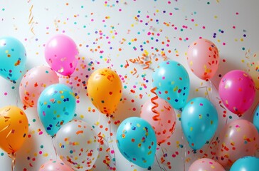 happy birthday background colorful balloons and confetti on white background