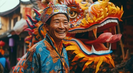 Fototapeta premium man smiling with a huge dragon decoration