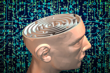 The labyrinth in the human head. AI. 3d rendering.