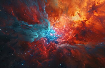 orange and blue nebula with a red star and red star - Powered by Adobe