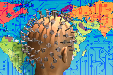 A head full of nails on the background of a world map. 3d rendering;