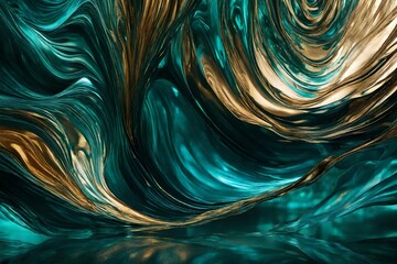 Iridescent teal and liquid gold flowing in a hypnotic, liquid ballet.