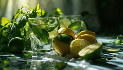 lime, mint and lemons from a glass