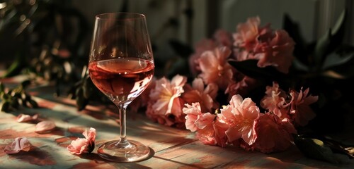glass of pink wine is displayed next to a set of flowers - obrazy, fototapety, plakaty