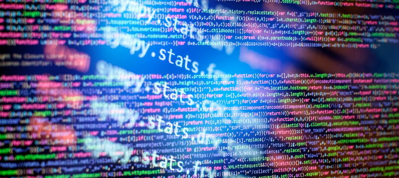 Programming code screen of software developer. Software Programming Work Time. Code text written and created