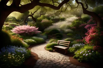 Foto op Canvas A serene garden with blooming flowers, winding pathways, and a wooden bench under a shady tree. © Eun Woo Ai