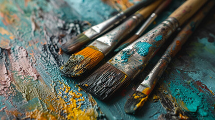 Fototapeta premium Minimalistic a few paint brush and paint background concept with empty space. The canvas is filled with paintings