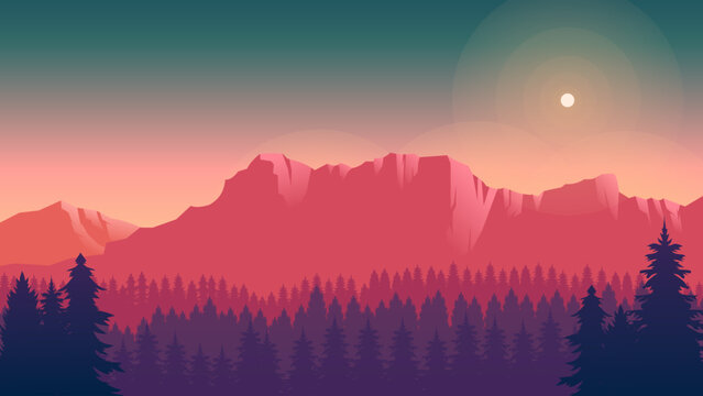 Colorful mountain background, mountain landscape in dusk, flat design mountain style