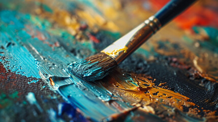 Fototapeta premium Minimalistic a few paint brush and paint background concept with empty space. The canvas is filled with paintings
