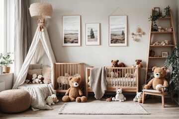 A cozy and modern scandinavian nursery with a rustic wooden blank poster frame, plush toys, and adorable animal accessories 