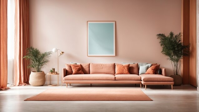 Frame mockup Living room wall poster mockup contemporary Scandinavian style interior background design Modern interior design