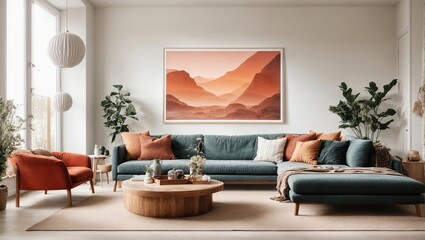 A horizontal poster frame in the minimalist, Scandinavian-inspired living area is ready to be...