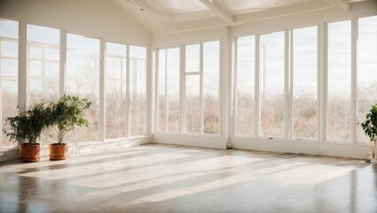 A sun-filled sunroom with floor to ceiling windows and a blank white canvas wall ready for your artistic interpretation 