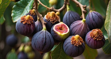 fig A high-definition image showcasing the vibrant hues and textures of plump, sun-kissed figs hanging in a cluster on the fig tree -Generative Ai