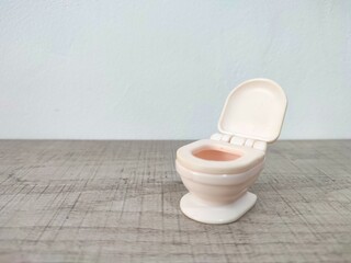 Miniature toilet on isolated white and wooden background, toilet training concept