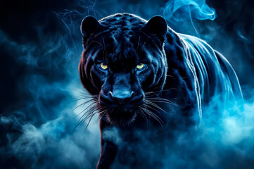 The Black panther. Dark gloomy background. AI