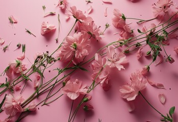 pink flowers are laying across a pink background