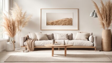 a blank horizontal poster frame mockup of a contemporary background for a living room featuring a beige sofa and pampas grass in a scandinavian style.