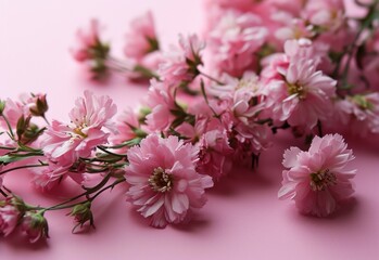 pink flowers are laying across a pink background