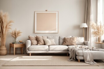 Fototapeta na wymiar A mockup of a blank horizontal poster frame in a modern living room with a background of pampas grass and a beige sofa, inspired by Scandinavian design.